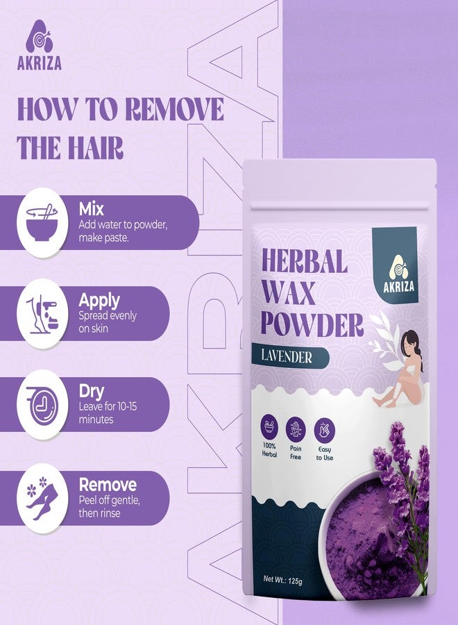 AKRIZA Painless Herbal Wax Powder for Hair Removal - 125g | For Women & Men | Quick & Easy Use on Hands, Legs, Underarms, Bikini & Intimate Areas | No Chemicals, No Irritation, All Skin Types (125 Gm, Lavender) - Image 2