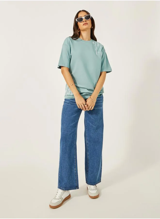 Styli Embroidered Oversized Round Neck Longline T-Shirt