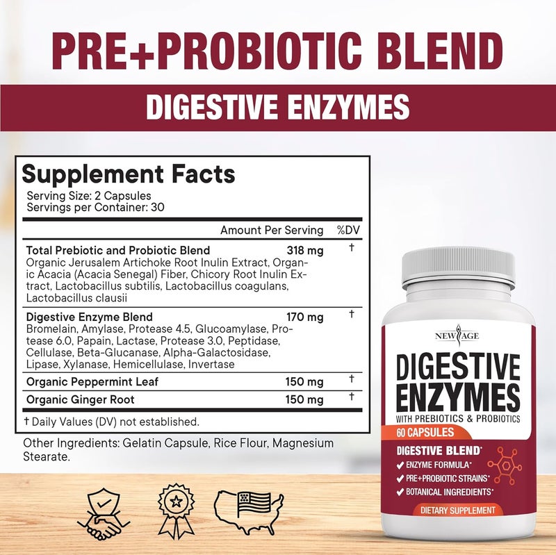 NEW AGE Digestive Enzymes for Gut Health  Probiotic Multi Enzymes with Prebiotics and Probiotics with Lipase for Women and Men for Digestive Health Daily Enzymes for Digestion  180 Count - Image 2