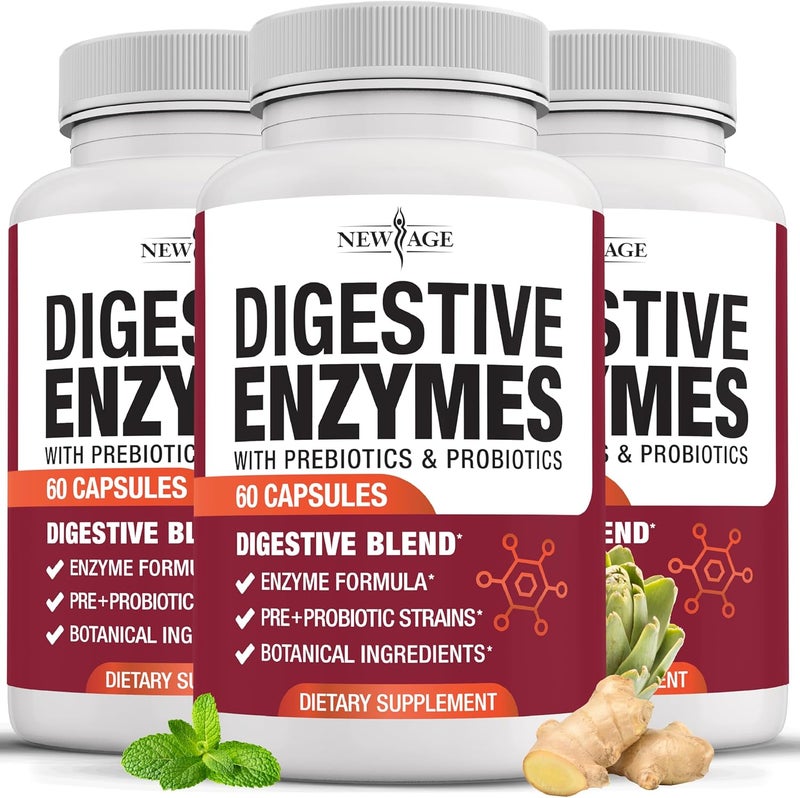 NEW AGE Digestive Enzymes for Gut Health  Probiotic Multi Enzymes with Prebiotics and Probiotics with Lipase for Women and Men for Digestive Health Daily Enzymes for Digestion  180 Count - Image 1
