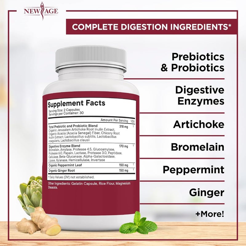 NEW AGE Digestive Enzymes for Gut Health  Probiotic Multi Enzymes with Prebiotics and Probiotics with Lipase for Women and Men for Digestive Health Daily Enzymes for Digestion  180 Count - Image 3