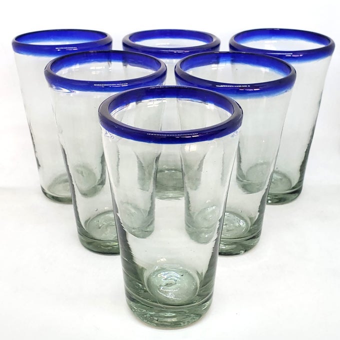 COBALT BLUE RIM 16 OZ PINT GLASSES SET OF 6 RECYCLED GLASS LEADFREE TOXINFREE 16OZ PINT