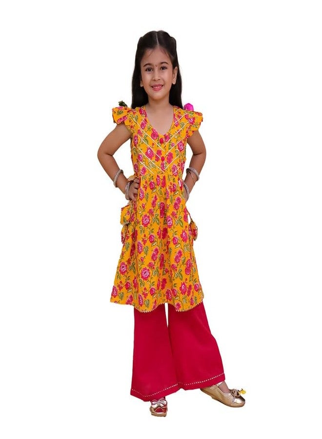 LITTLE GINNIE طقم قميص قطن لليافعات LITTLE GINNIE 1-2 سنوات - أصفر ووردي | فستان تقليدي عرقي لليافعة - مزهر - Image 1