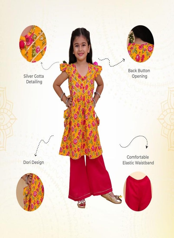 LITTLE GINNIE طقم قميص قطن لليافعات LITTLE GINNIE 1-2 سنوات - أصفر ووردي | فستان تقليدي عرقي لليافعة - مزهر - Image 5