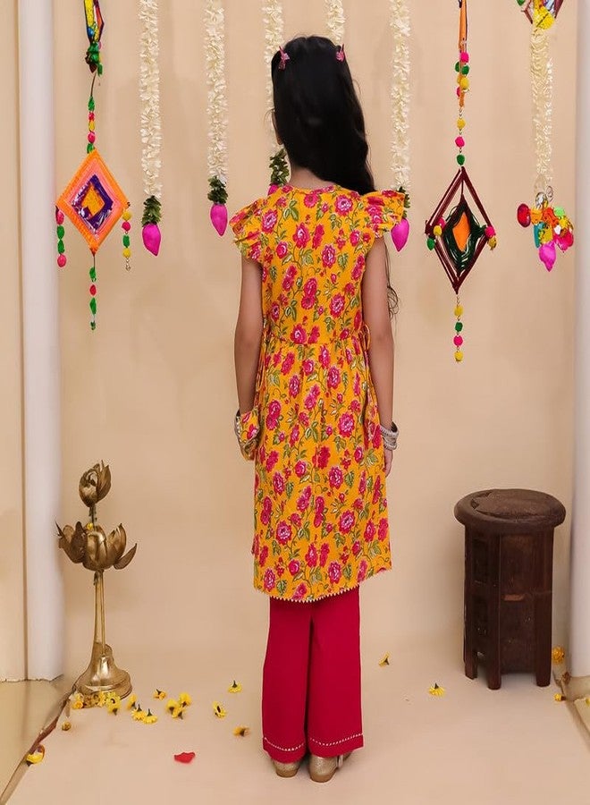 LITTLE GINNIE طقم قميص قطن لليافعات LITTLE GINNIE 1-2 سنوات - أصفر ووردي | فستان تقليدي عرقي لليافعة - مزهر - Image 4
