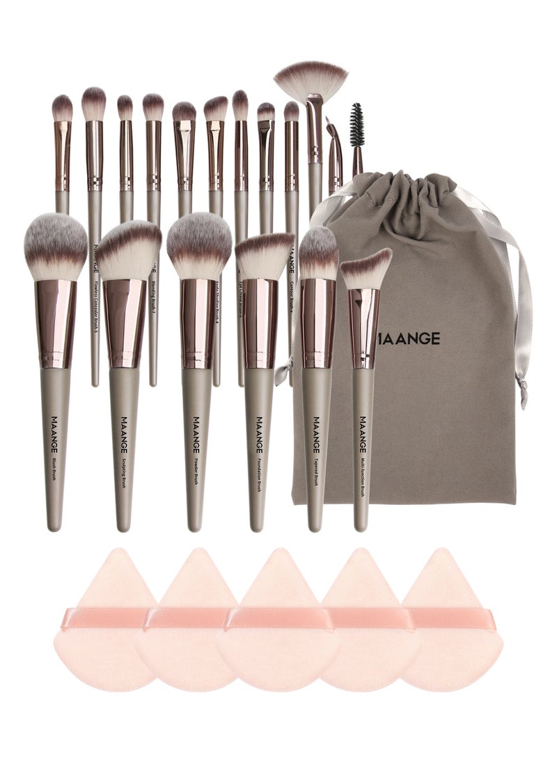 MAANGE مجموعة أدوات المكياج 24 قطعة، مجموعات فرش مكياج احترافية - تشمل فرشاة أحمر الخدود، فرشاة تحديد، فرشاة أساس، فرشاة خافي العيوب، فرشاة ظلال العيون، إسفنجة بودرة وحقائب قماشية (رمادي) - Image 1