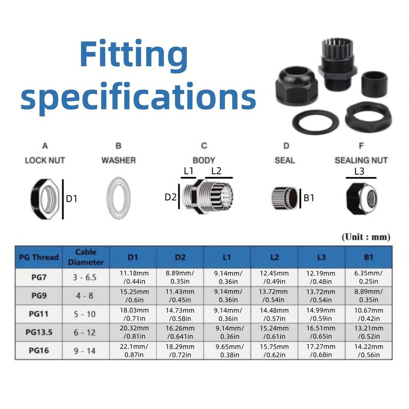 Black Cable Gland Kit 80pcs PG16 20pcs Nylon Adjustable Sealing Connector - Image 2
