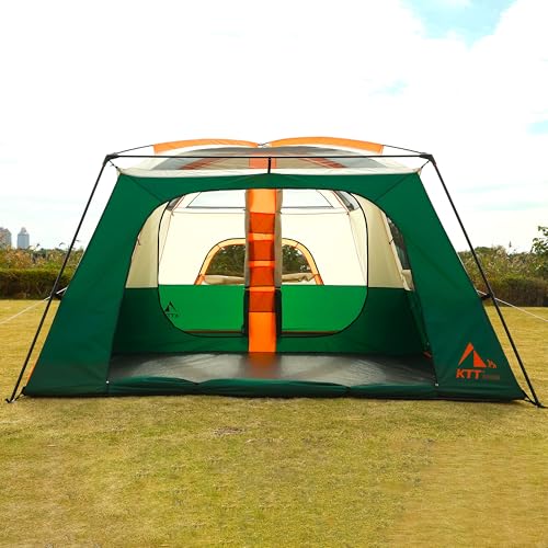 KTT Extra Large Tent 12 Person,Full Rainly,2 Bay-Windows,Family Cabin Tents,14'Lx10'Wx6.58'H,2 Rooms and 3 Doors 3 Windows with Mesh,Waterproof,Straight Wall,Big Tent for Outdoor,Picnic,Camping(Green) - Image 4