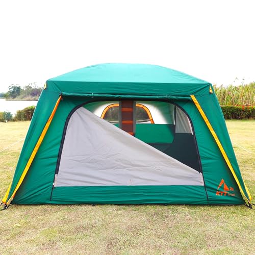 KTT Extra Large Tent 12 Person,Full Rainly,2 Bay-Windows,Family Cabin Tents,14'Lx10'Wx6.58'H,2 Rooms and 3 Doors 3 Windows with Mesh,Waterproof,Straight Wall,Big Tent for Outdoor,Picnic,Camping(Green) - Image 5