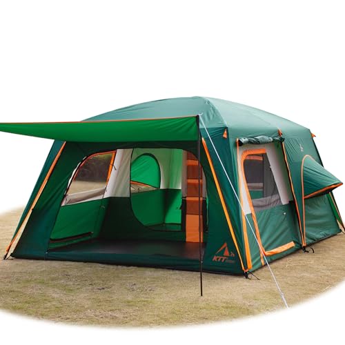 KTT Extra Large Tent 12 Person,Full Rainly,2 Bay-Windows,Family Cabin Tents,14'Lx10'Wx6.58'H,2 Rooms and 3 Doors 3 Windows with Mesh,Waterproof,Straight Wall,Big Tent for Outdoor,Picnic,Camping(Green) - Image 1