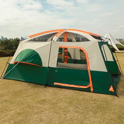 KTT Extra Large Tent 12 Person,Full Rainly,2 Bay-Windows,Family Cabin Tents,14'Lx10'Wx6.58'H,2 Rooms and 3 Doors 3 Windows with Mesh,Waterproof,Straight Wall,Big Tent for Outdoor,Picnic,Camping(Green) - Image 2