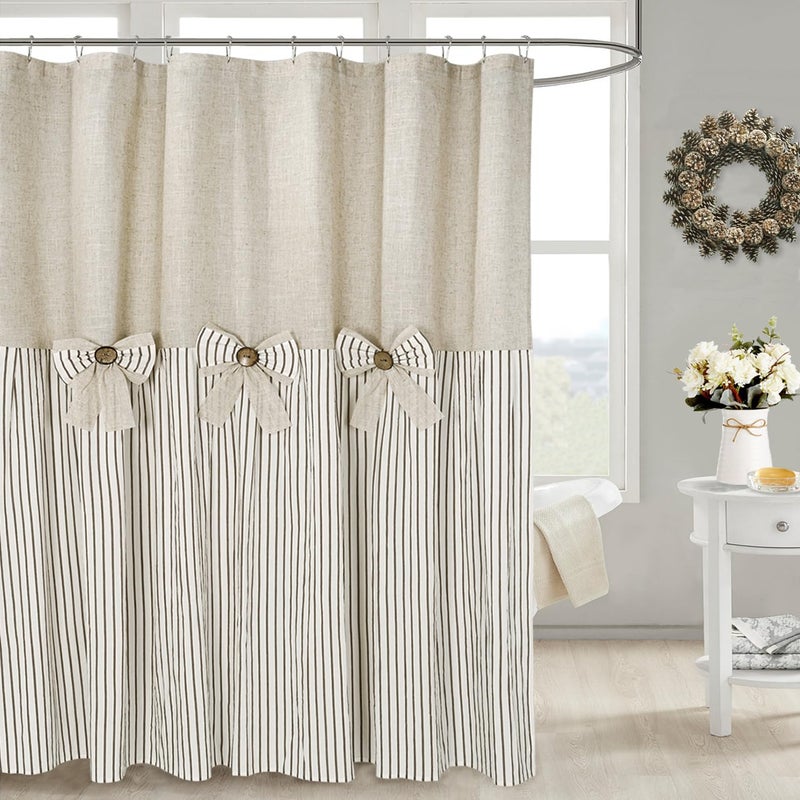 DOSLY IDÃ‰ES DOSLY IDES Linen Button Farmhouse Beige Shower CurtainBowknotLinen and Cotton Woven FabricPleated Brown StripeCountry Style72x72 in 