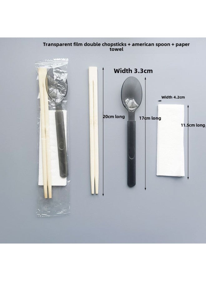 Disposable Chopsticks Spoon Suit High-end Tableware Four-piece Set Take-out Lunch With Bamboo Chopsticks Spoon Paper Towel Three-in-One-Color:Twin Chopsticks + European Style Fork + Paper Towels 100 Sets-Specifications:Transparent Film - Image 4