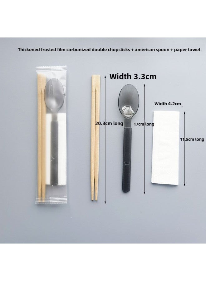 Disposable Chopsticks Spoon Suit High-end Tableware Four-piece Set Take-out Lunch With Bamboo Chopsticks Spoon Paper Towel Three-in-One-Color:Twin Chopsticks + European Style Fork + Paper Towels 100 Sets-Specifications:Transparent Film - Image 5