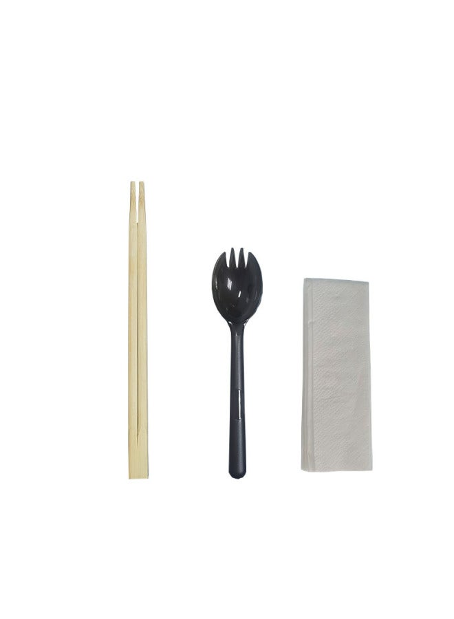 Disposable Chopsticks Spoon Suit High-end Tableware Four-piece Set Take-out Lunch With Bamboo Chopsticks Spoon Paper Towel Three-in-One-Color:Twin Chopsticks + European Style Fork + Paper Towels 100 Sets-Specifications:Transparent Film - Image 1