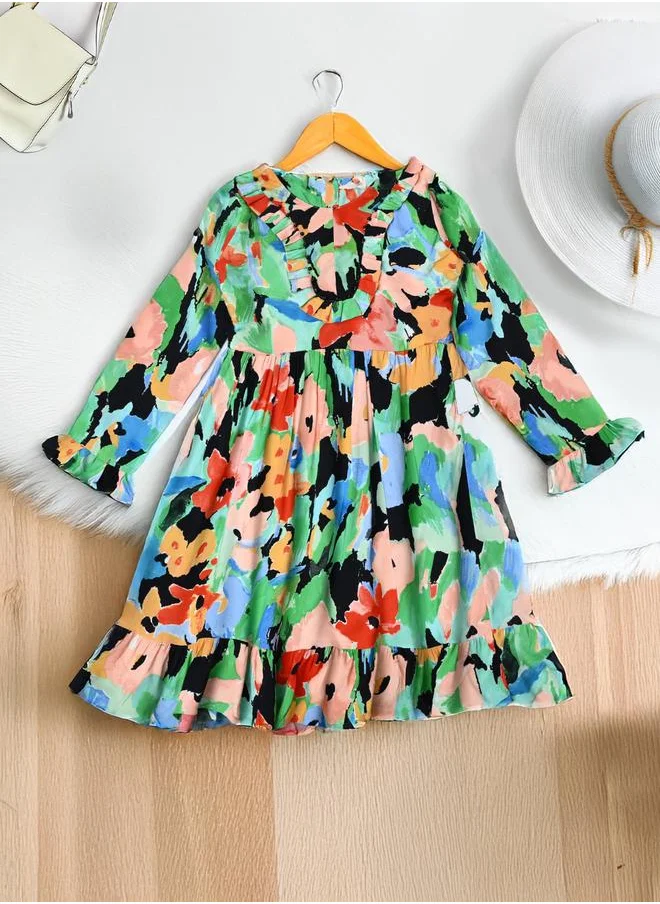 بيلا مودا Bella Moda All-Over Print Ruffle Trim Cotton Dress with Lining