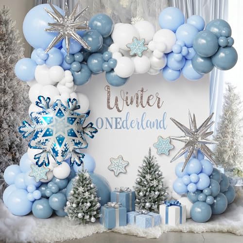 Ceeulvu Winter Wonderland Balloon Arch Kit Dusty Blue White Snowflake Star Balloons for Winter Onederland Party FrozenThemed Party Decor Baby Shower Christmas or Winter Birthday Decorations - Image 1