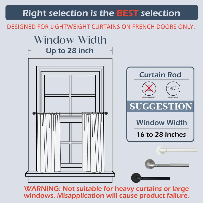 ARNORX Sash Curtain Rod for French Doors & Door Windows - 16-28 Inch Adjustable, 3/8" Diameter, Dual Installation (Screws & Adhesive), White, Nickel Brushed, Set of 2 - Image 3