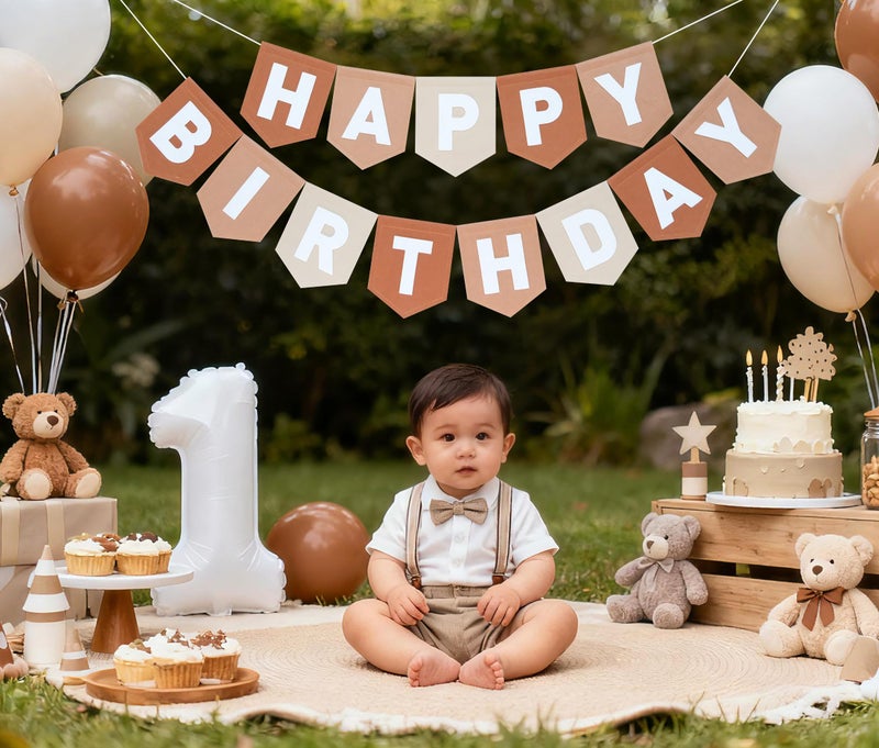 HODIHIWI Felt Boho Brown Happy Birthday Banner Decorations for Boys Men Pets Handmade Party Backdrop - Image 4