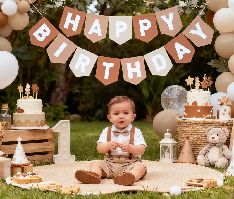 HODIHIWI Felt Boho Brown Happy Birthday Banner Decorations for Boys Men Pets Handmade Party Backdrop - Image 3