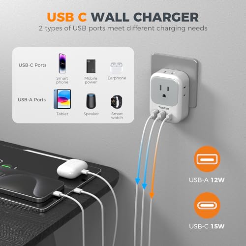 TESSAN Switzerland Power Adapter 2 Pack, TESSAN Type J Adaptor with 4 Outlets 3 USB Charging Ports(1 USB C), Swiss Travel Plug for US to Switzerland, Liechtenstein, Rwanda - Image 4