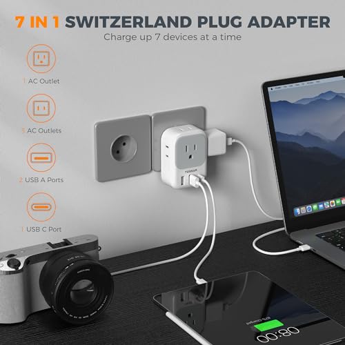 TESSAN Switzerland Power Adapter 2 Pack, TESSAN Type J Adaptor with 4 Outlets 3 USB Charging Ports(1 USB C), Swiss Travel Plug for US to Switzerland, Liechtenstein, Rwanda - Image 3