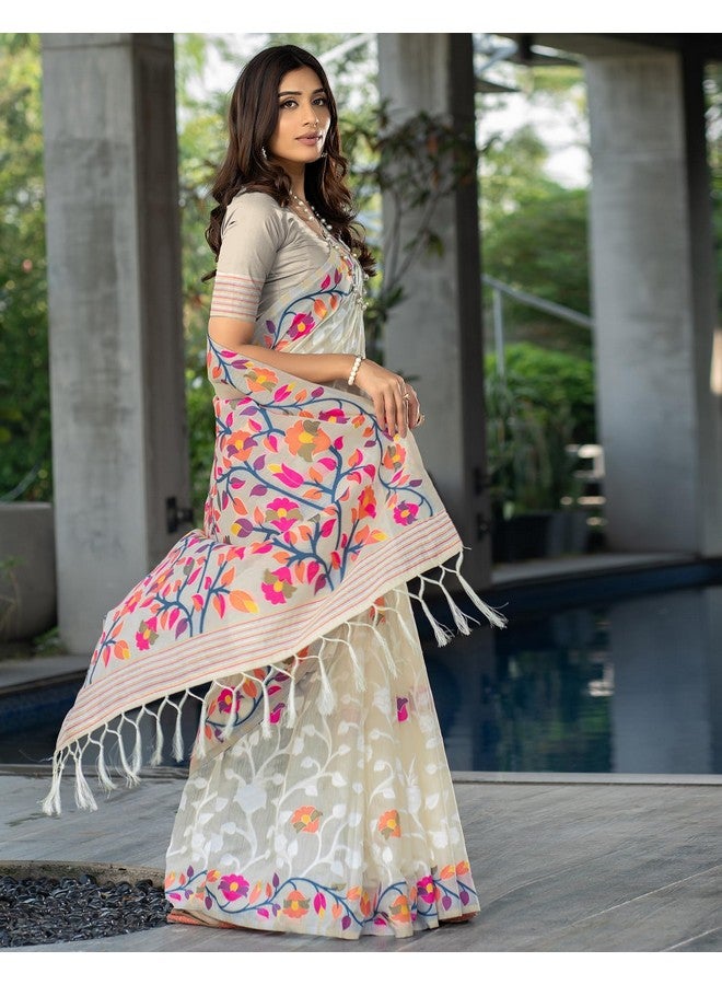 SIRIL SIRIL Women's Cotton Jacquard Saree With Unstitched Blouse Piece (3417S214_Cream)  - Image 2