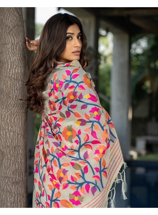 SIRIL SIRIL Women's Cotton Jacquard Saree With Unstitched Blouse Piece (3417S214_Cream)  - Image 4