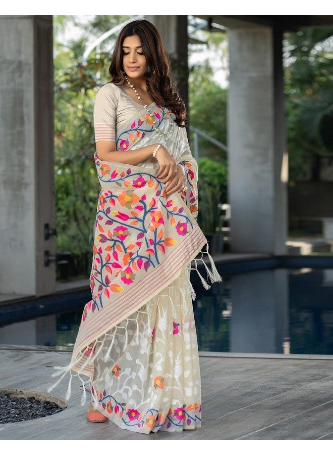 SIRIL SIRIL Women's Cotton Jacquard Saree With Unstitched Blouse Piece (3417S214_Cream)  - Image 3