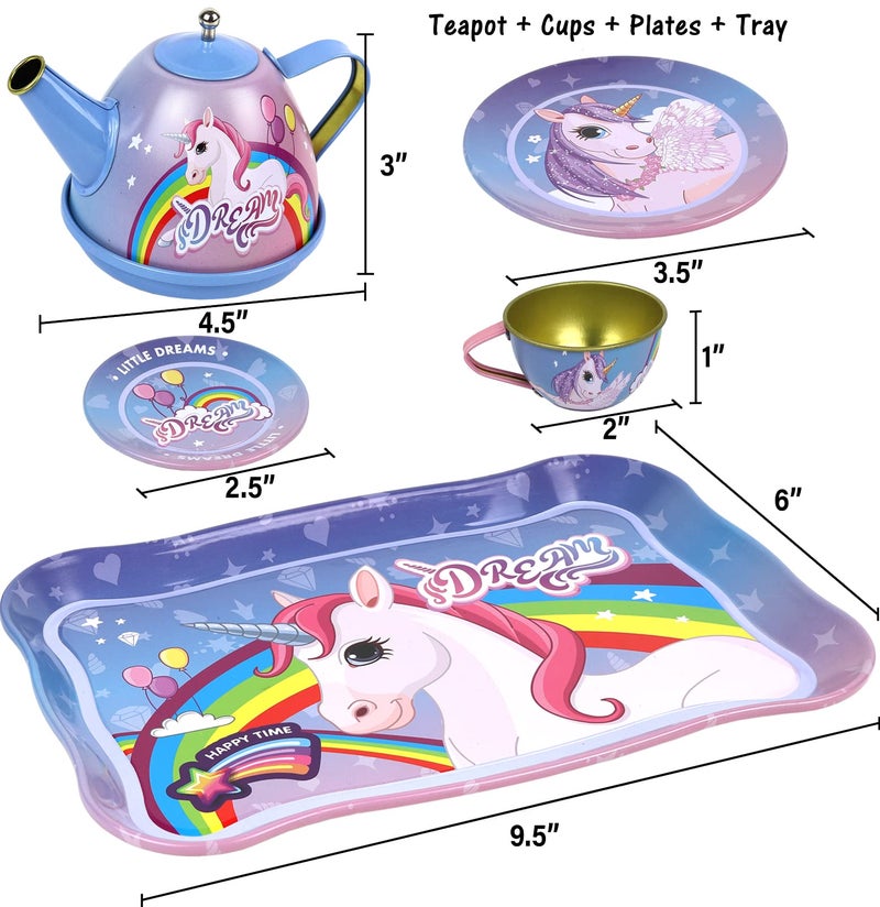Kiddie Play Tea Set for Little Girls  Pretend Play Tea Party Set  Unicorn Design Kids Tin Tea Set with Carrying Case (15 Pcs) - Image 3