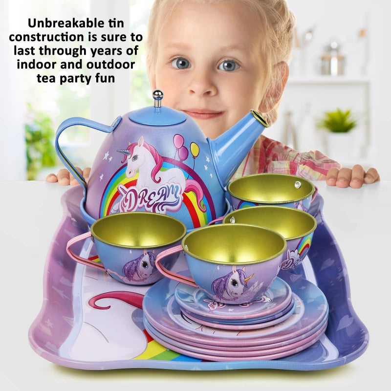 Kiddie Play Tea Set for Little Girls  Pretend Play Tea Party Set  Unicorn Design Kids Tin Tea Set with Carrying Case (15 Pcs) - Image 2
