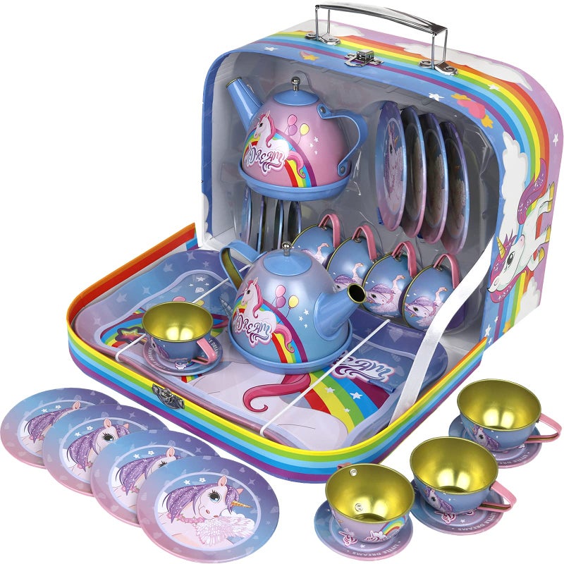 Kiddie Play Tea Set for Little Girls  Pretend Play Tea Party Set  Unicorn Design Kids Tin Tea Set with Carrying Case (15 Pcs) - Image 1
