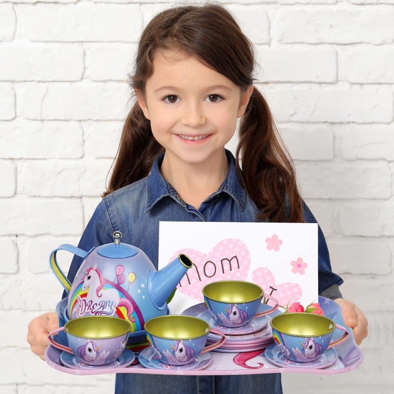 Kiddie Play Tea Set for Little Girls  Pretend Play Tea Party Set  Unicorn Design Kids Tin Tea Set with Carrying Case (15 Pcs) - Image 4