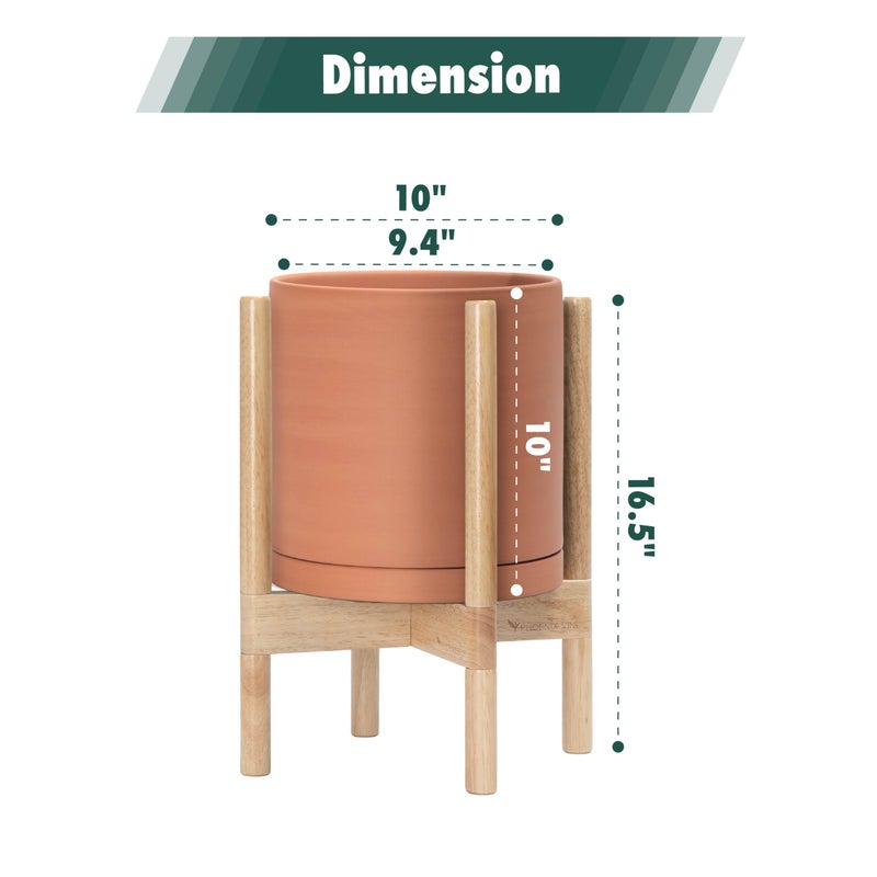 D'vine Dev Terracotta Planter with Natural Stand - 10 Inch Modern Round Flower Pot with Wood Planter Holder, Terracotta, 55-B-K-5 - Image 3