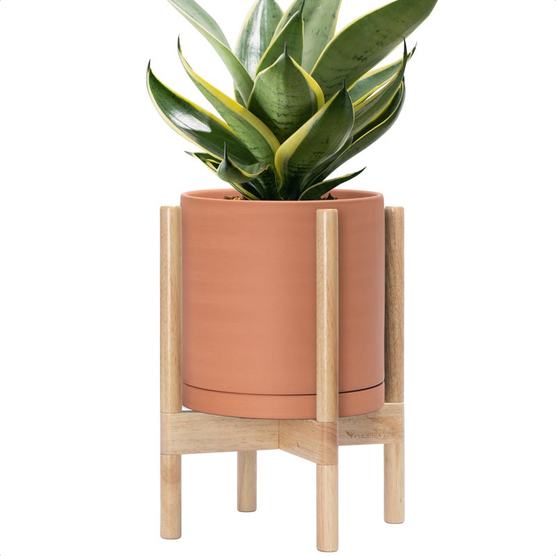 D'vine Dev Terracotta Planter with Natural Stand - 10 Inch Modern Round Flower Pot with Wood Planter Holder, Terracotta, 55-B-K-5 - Image 1