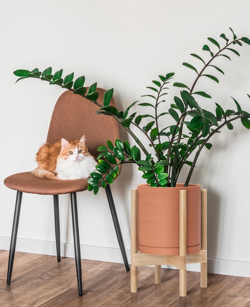 D'vine Dev Terracotta Planter with Natural Stand - 10 Inch Modern Round Flower Pot with Wood Planter Holder, Terracotta, 55-B-K-5 - Image 2
