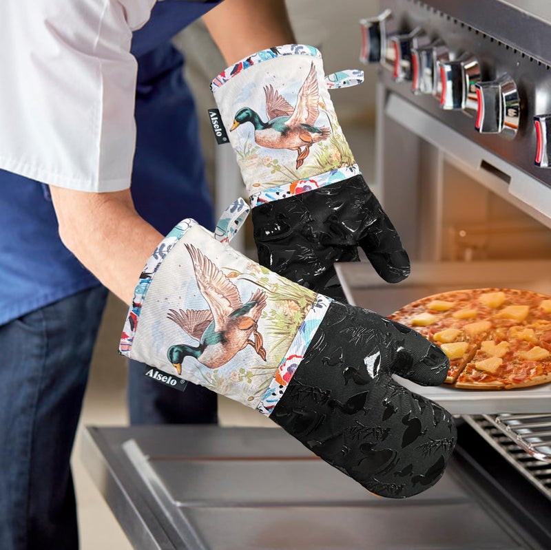 Alselo Oven Mitts, Heat Resistant with Soft Quilted Cotton Lining Set of 2, Fashion Duck Design with Silicone Printing Anti-Slip Kitchen Gloves for Safe Backing Cooking Barbecue (Darkgray, Duck) - Image 3