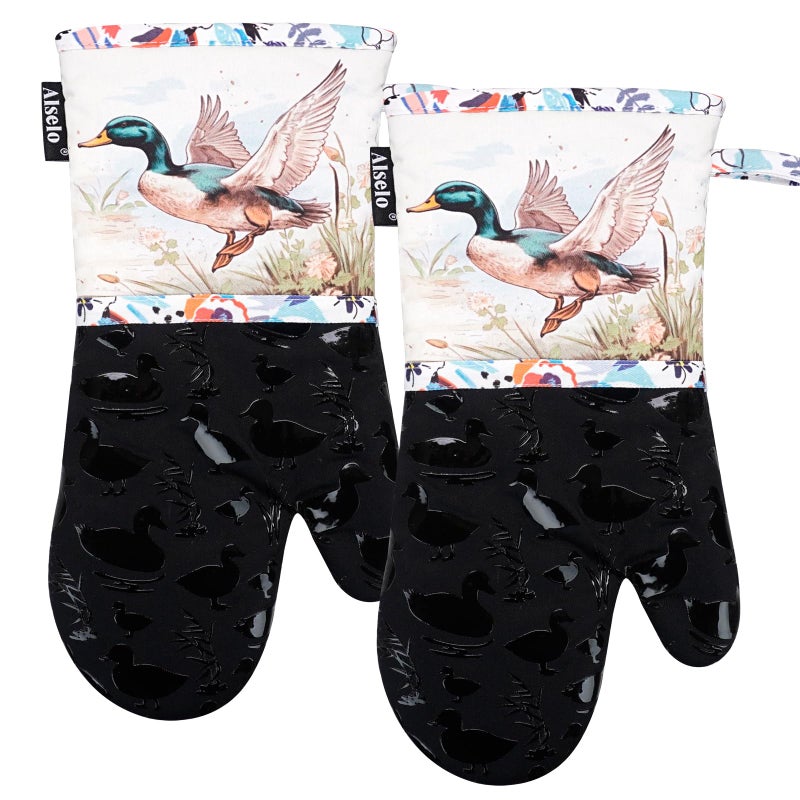 Alselo Oven Mitts, Heat Resistant with Soft Quilted Cotton Lining Set of 2, Fashion Duck Design with Silicone Printing Anti-Slip Kitchen Gloves for Safe Backing Cooking Barbecue (Darkgray, Duck) - Image 1