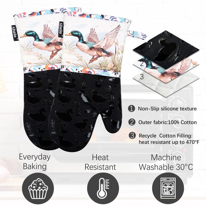 Alselo Oven Mitts, Heat Resistant with Soft Quilted Cotton Lining Set of 2, Fashion Duck Design with Silicone Printing Anti-Slip Kitchen Gloves for Safe Backing Cooking Barbecue (Darkgray, Duck) - Image 5