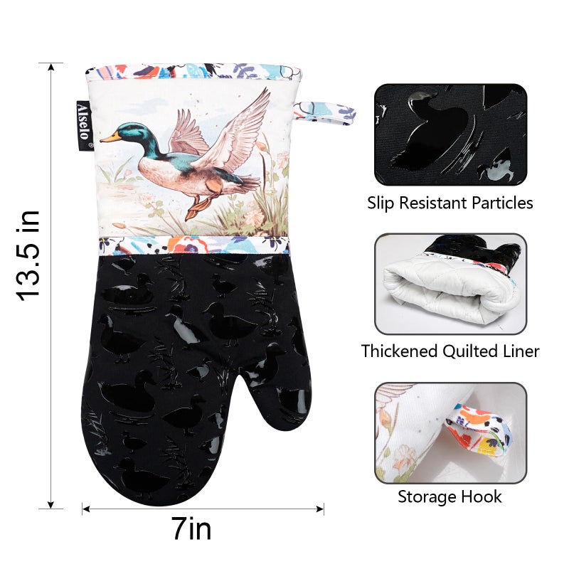 Alselo Oven Mitts, Heat Resistant with Soft Quilted Cotton Lining Set of 2, Fashion Duck Design with Silicone Printing Anti-Slip Kitchen Gloves for Safe Backing Cooking Barbecue (Darkgray, Duck) - Image 2