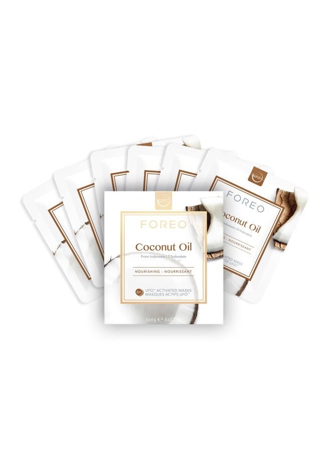 FOREO قناع الوجه المزدوج بزيت جوز الهند المفعل للأجهزة UFO للبشرة الجافة، 6 عبوات، مغذي ومرطب، زيت جوز الهند وماء جوز الهند، خالي من القسوة، تركيبة نظيفة، متوافق مع جميع أجهزة UFO - Image 1