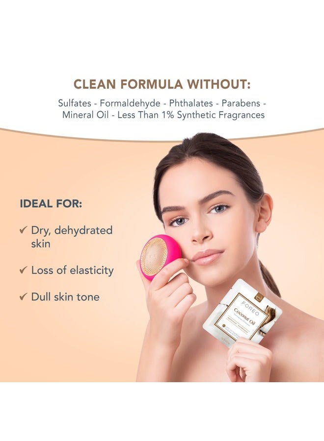 FOREO قناع الوجه المزدوج بزيت جوز الهند المفعل للأجهزة UFO للبشرة الجافة، 6 عبوات، مغذي ومرطب، زيت جوز الهند وماء جوز الهند، خالي من القسوة، تركيبة نظيفة، متوافق مع جميع أجهزة UFO - Image 2
