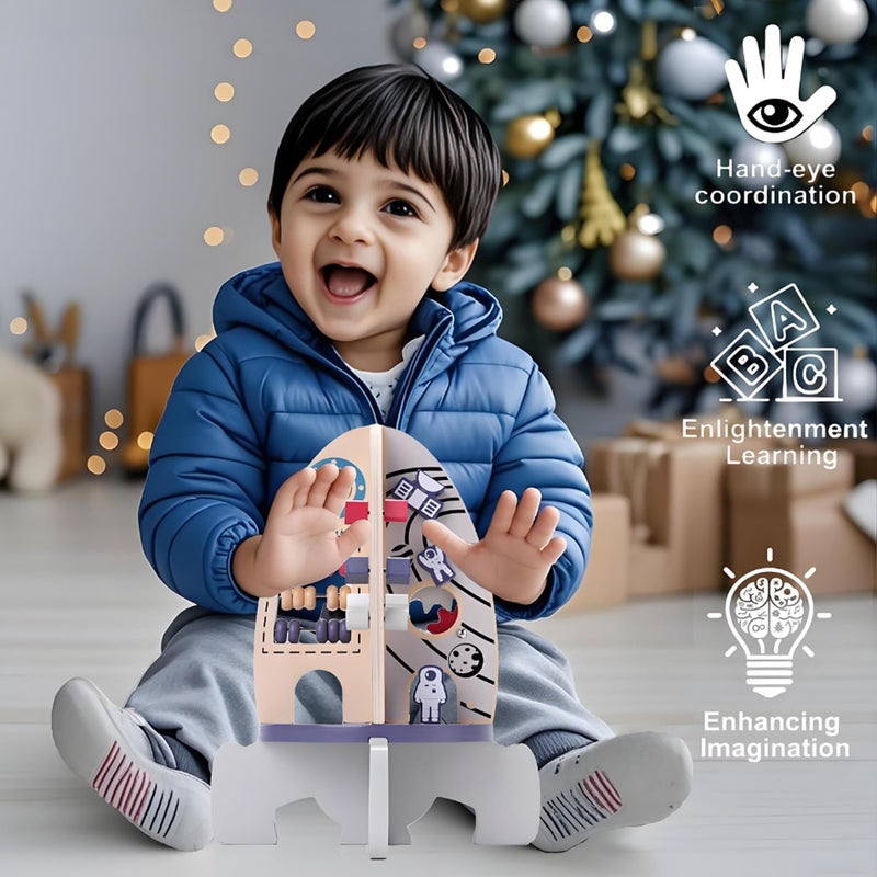 ألعاب مكعب النشاط الخشبي الفضائي، ألعاب مونتيسوري للأطفال من عمر 3 سنوات فما فوق هدايا عيد ميلاد للصبي والفتاة، هدايا عيد ميلاد حسية وتعليمية، ألعاب اللوحة المشغولة للصبي (صاروخ) - Image 5
