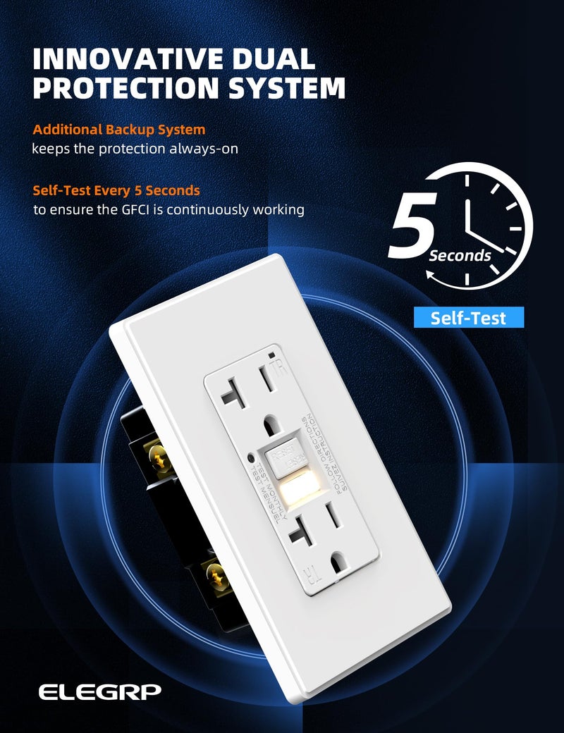 ELEGRP GFCI Outlet w/Nightlight, 20 Amp Self-Test GFI Electrical Outlet, Thinner Design, Tamper Resistant GFCI Receptacle, Ground Fault Receptacle w/Wall Plate, UL Listed, Matte White, 1 Pack - Image 3