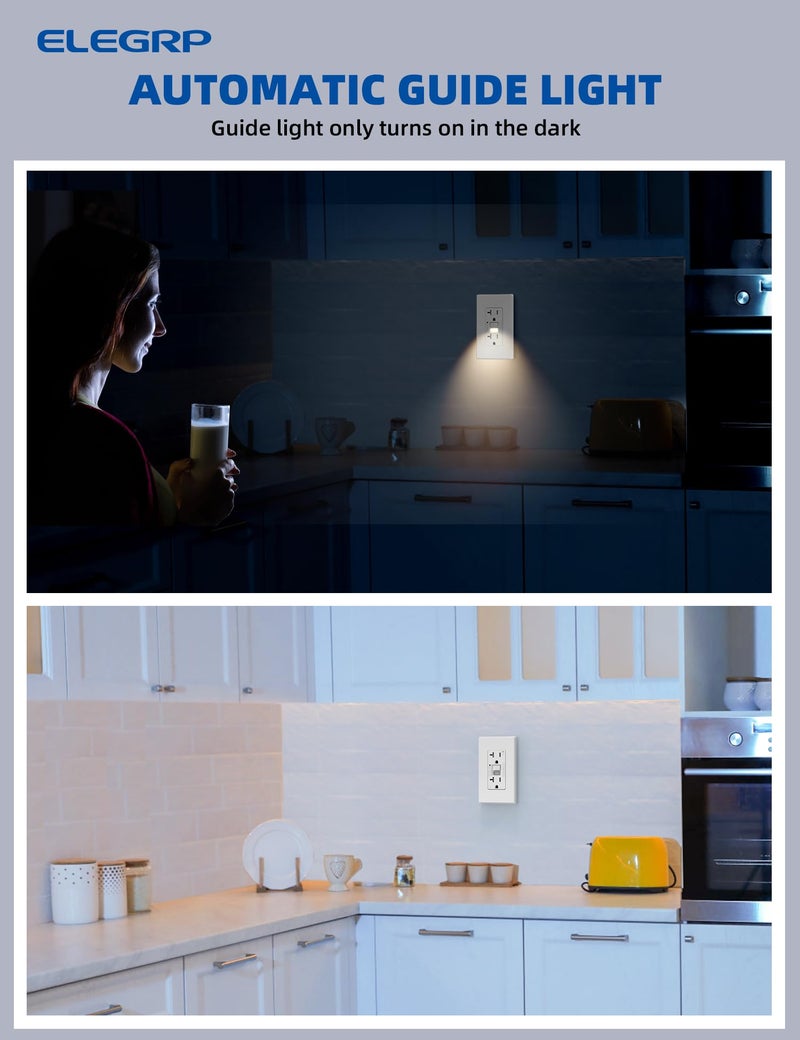 ELEGRP GFCI Outlet w/Nightlight, 20 Amp Self-Test GFI Electrical Outlet, Thinner Design, Tamper Resistant GFCI Receptacle, Ground Fault Receptacle w/Wall Plate, UL Listed, Matte White, 1 Pack - Image 2