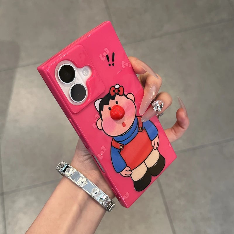 Apple iPhone 16 Phone Case, TPU Shockproof Fashionable Painted Cartoon 3D Nose Overalls Boy's Drop-Proof Square Phone Case (Rose Red)
