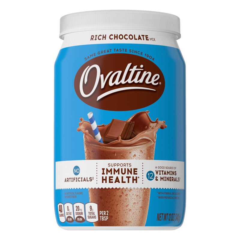 Ovaltine Rich Chocolate Drink Mix, Powdered Drink Mix for Hot and Cold Milk, 12 OZ Canister - Image 1