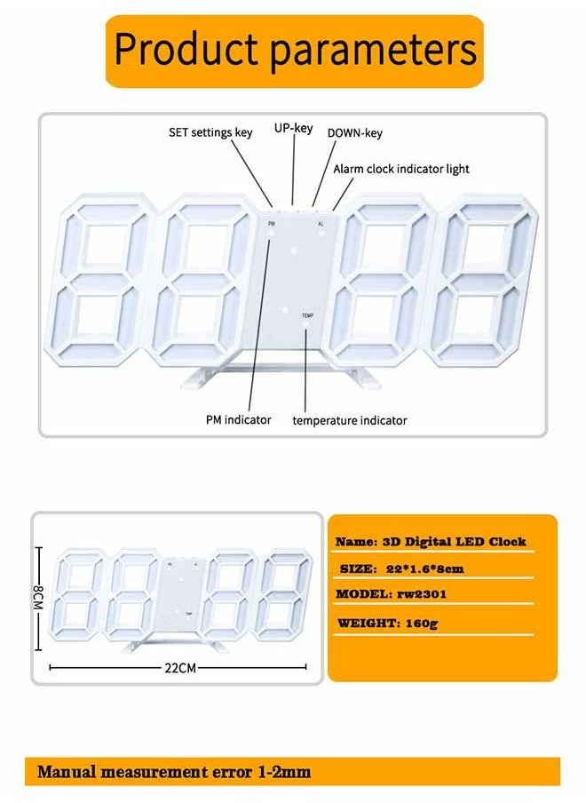 3D Wall Led Alarm Digital Clock White Number Time Clock with Automatic Brightness Adjustable, 12/24 Hr Time/Date Temperature Display, Electric Nightlight Alarm Clock for Modern Home Decoration