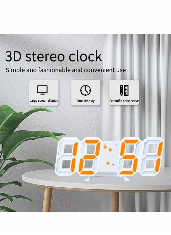 3D Wall Led Alarm Digital Clock White Number Time Clock with Automatic Brightness Adjustable, 12/24 Hr Time/Date Temperature Display, Electric Nightlight Alarm Clock for Modern Home Decoration