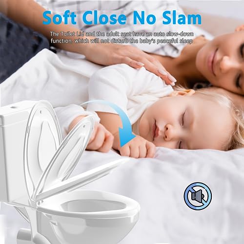 Aünsffer Family Toilet Seat Elongated, Built-in Toddler Potty Training Seat, Baby Toilet lid 2 in 1 Soft Close Quiet with Magnet, Easy Clean PP Material Safe and No Loosen (White Elongated 18.5 Inch) - Image 2